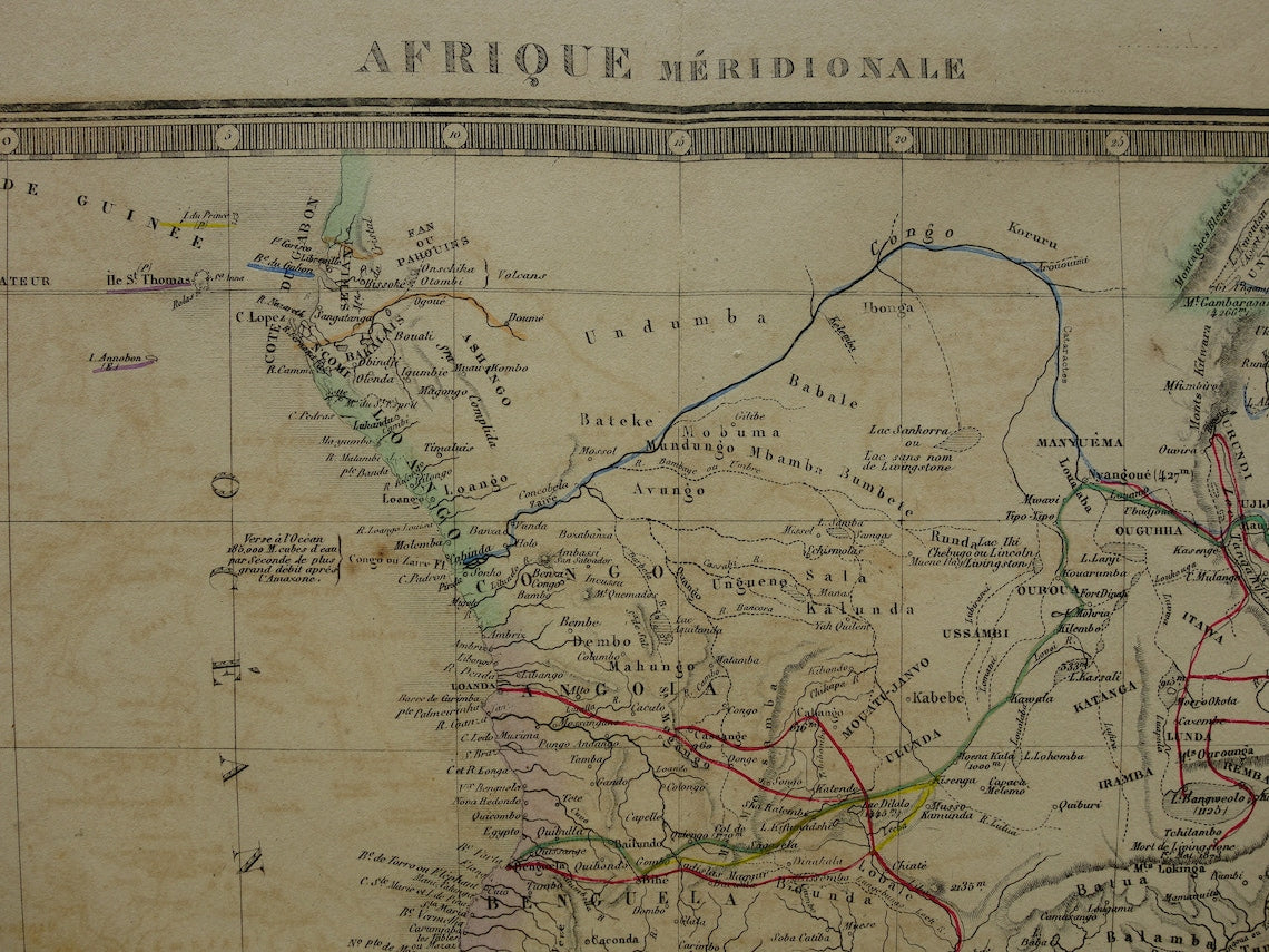 AFRIKA Große alte Karte von Südafrika 1875 Original antike Karte mit Routen von Entdeckern Livingstone