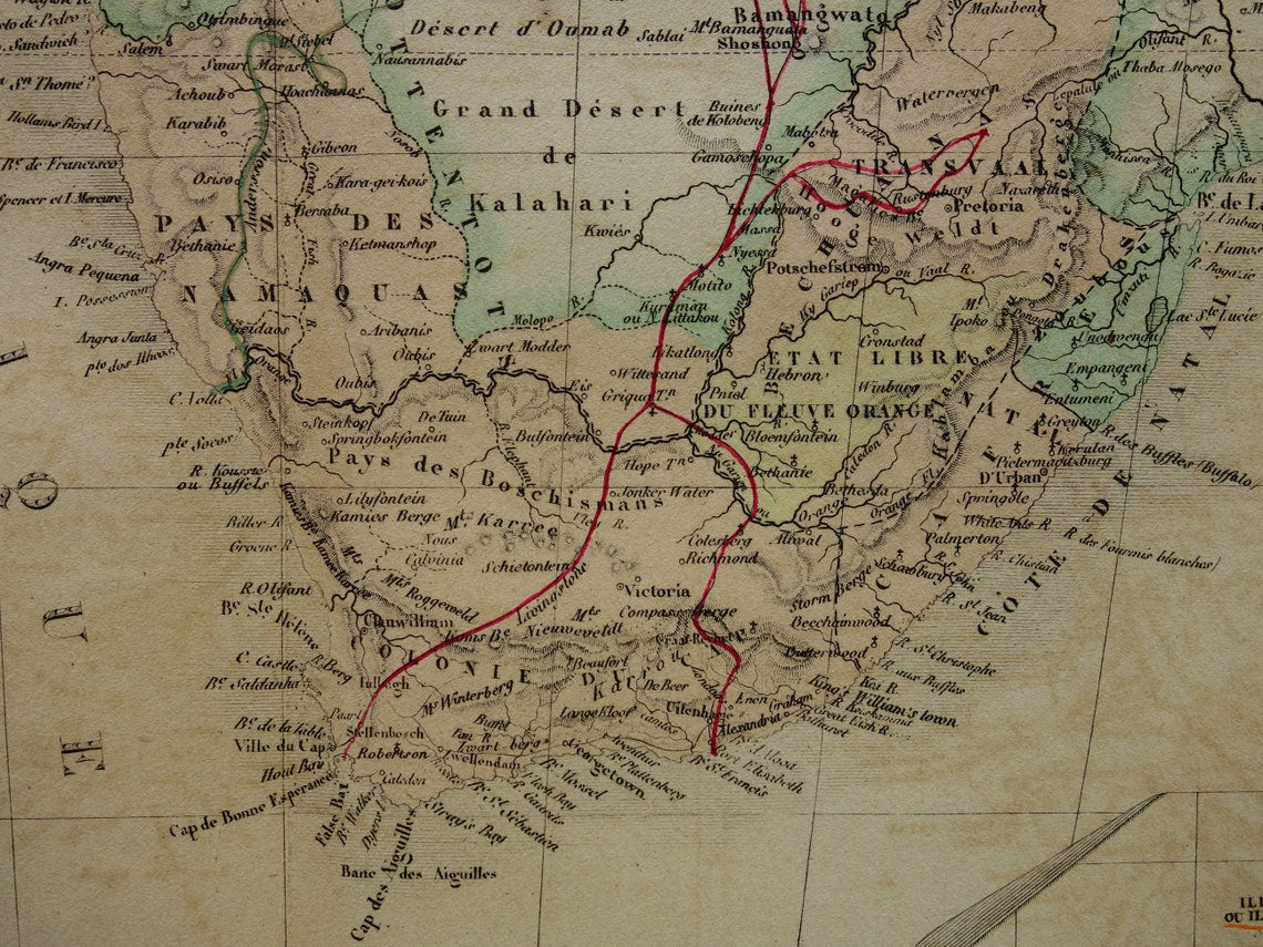 AFRIKA Große alte Karte von Südafrika 1875 Original antike Karte mit Routen von Entdeckern Livingstone