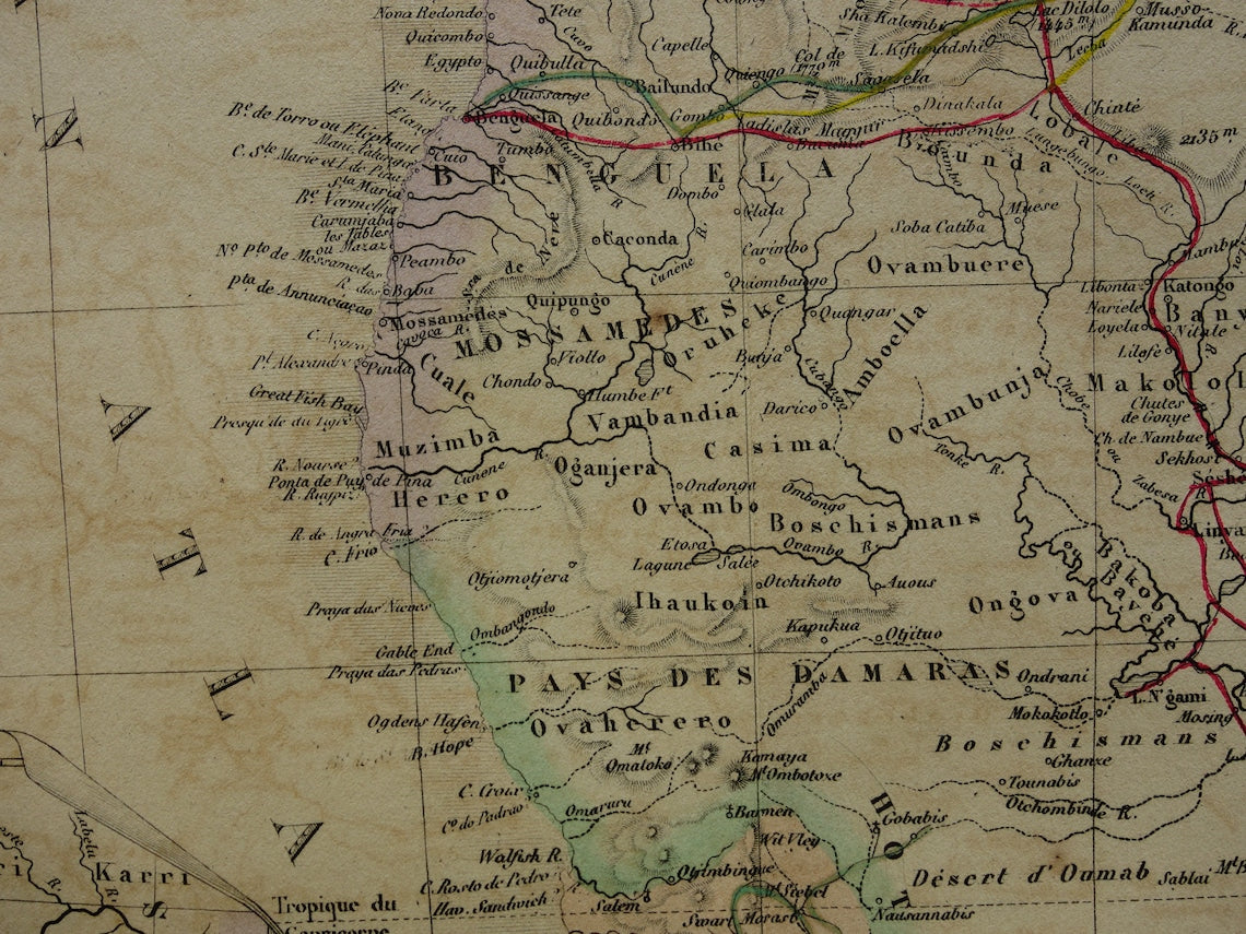 AFRIKA Große alte Karte von Südafrika 1875 Original antike Karte mit Routen von Entdeckern Livingstone