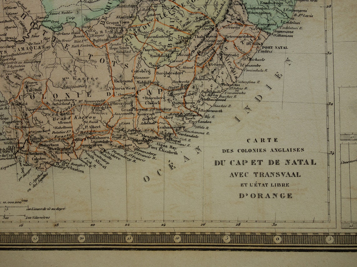 AFRIKA Große alte Karte von Südafrika 1875 Original antike Karte mit Routen von Entdeckern Livingstone
