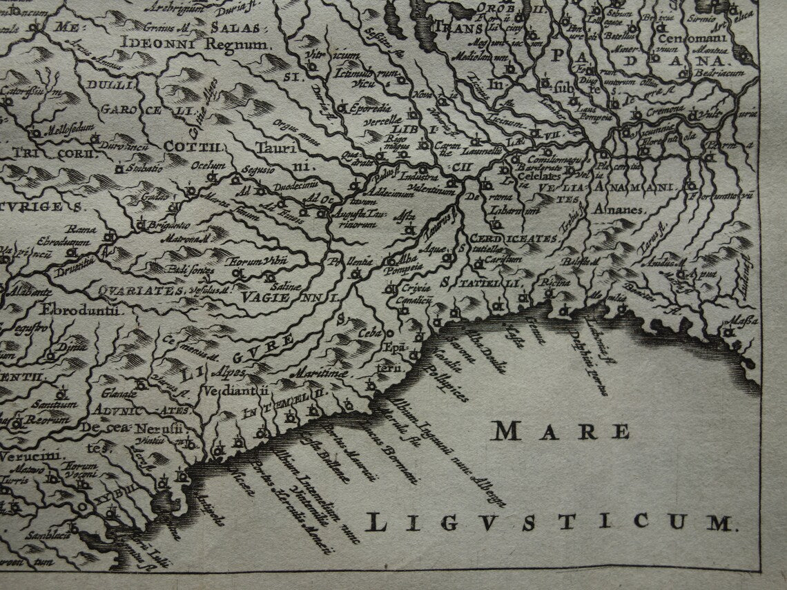 Italy 360+ year old map of Northwestern Italy in antiquity 1661 original antique Dutch map small format