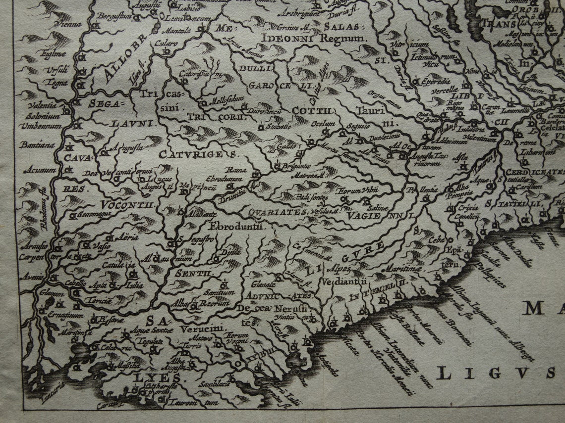 Italy 360+ year old map of Northwestern Italy in antiquity 1661 original antique Dutch map small format