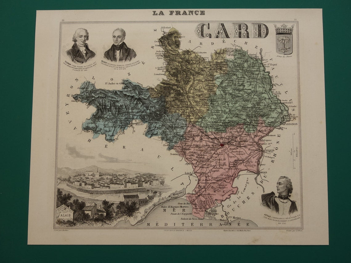 GARD Frankrijk Oude kaart uit 1882 originele antieke handgekleurde landkaart Gard departement  Nîmes Pont du Gard