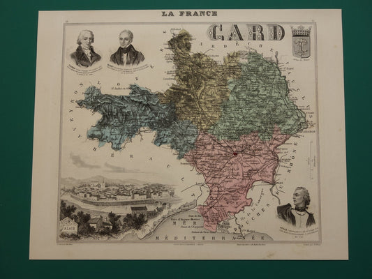 GARD Frankrijk Oude kaart uit 1882 originele antieke handgekleurde landkaart Gard departement  Nîmes Pont du Gard