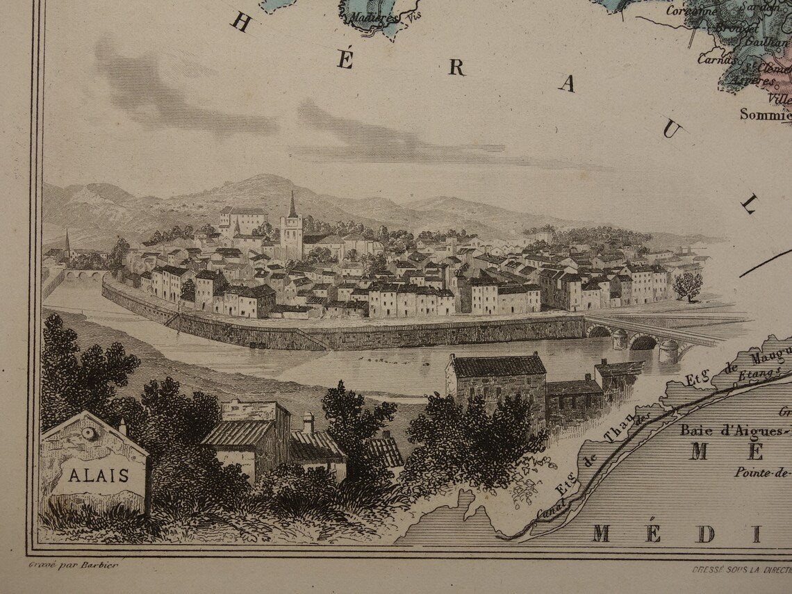 GARD Frankrijk Oude kaart uit 1882 originele antieke handgekleurde landkaart Gard departement  Nîmes Pont du Gard