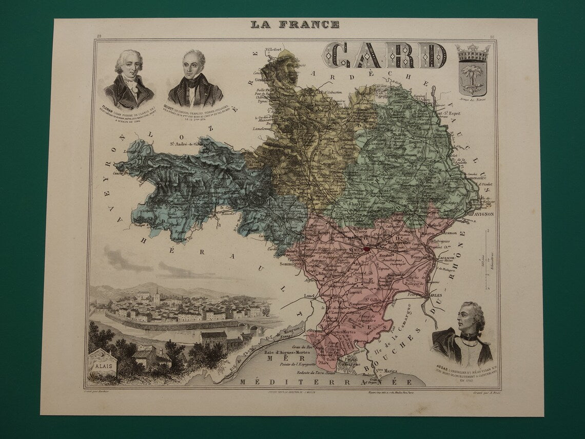 GARD Frankrijk Oude kaart uit 1882 originele antieke handgekleurde landkaart Gard departement  Nîmes Pont du Gard