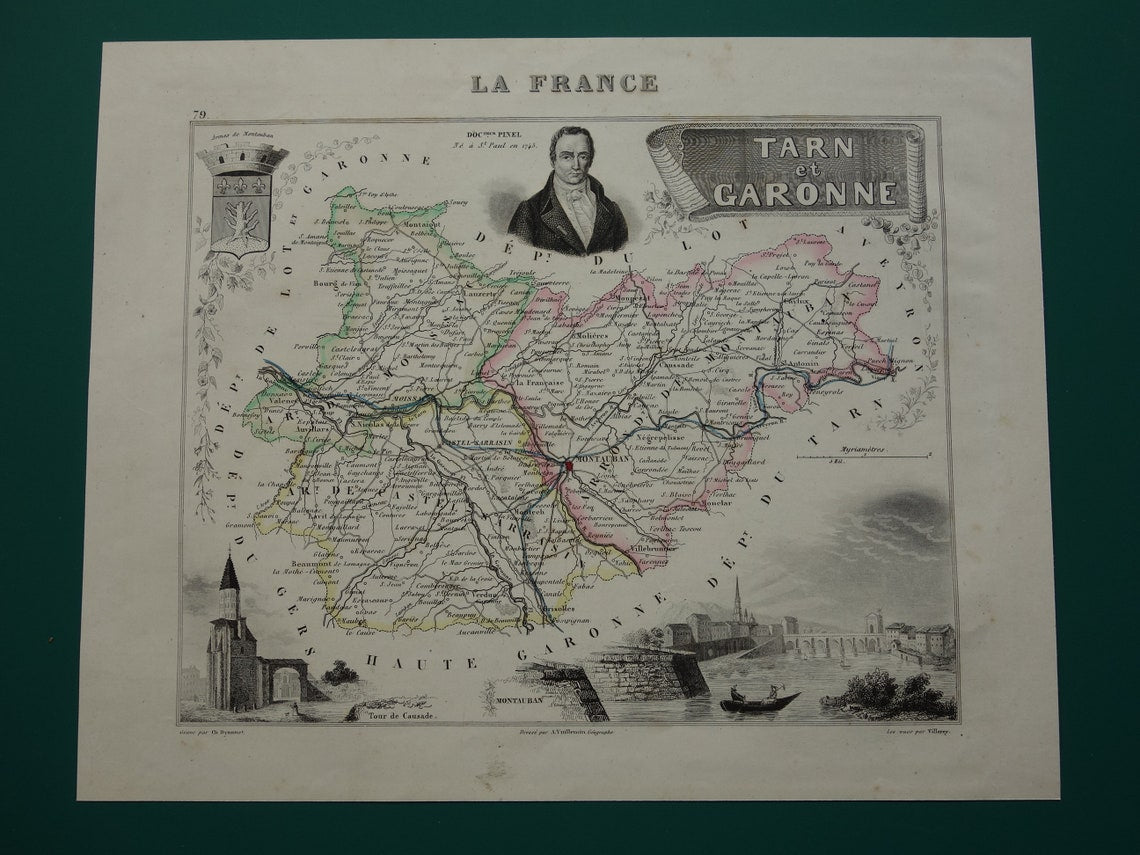 Tarn-et-Garonne Oude Kaart uit 1856 originele antieke handgekleurde landkaart departement Frankrijk