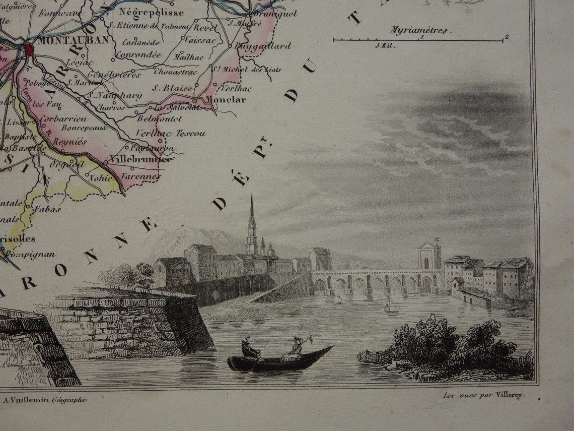 Tarn-et-Garonne Oude Kaart uit 1856 originele antieke handgekleurde landkaart departement Frankrijk
