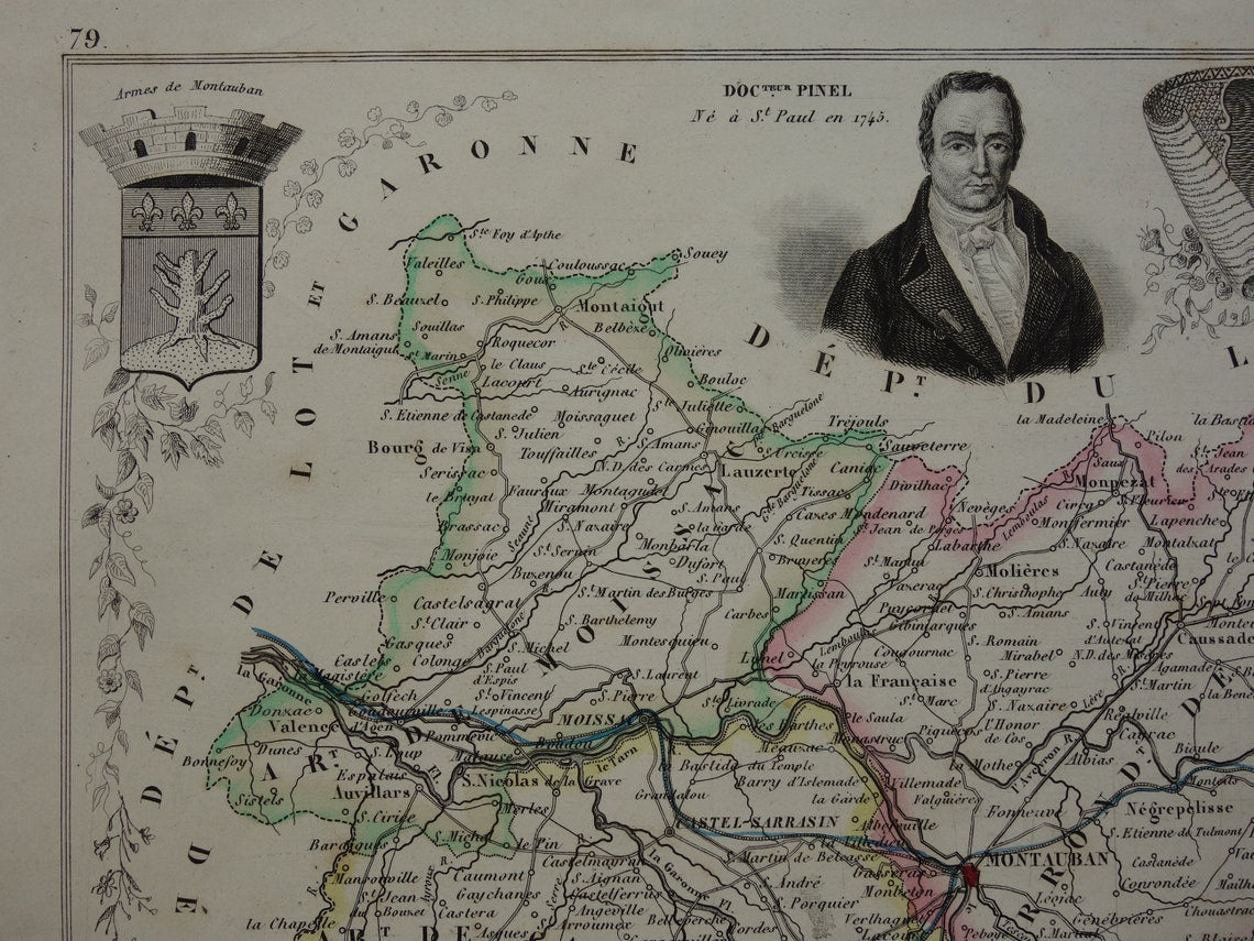 Tarn-et-Garonne Oude Kaart uit 1856 originele antieke handgekleurde landkaart departement Frankrijk