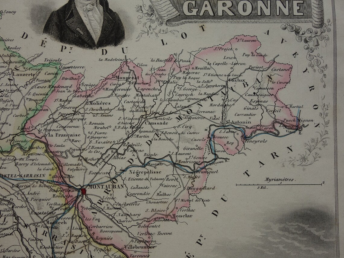 Tarn-et-Garonne Oude Kaart uit 1856 originele antieke handgekleurde landkaart departement Frankrijk