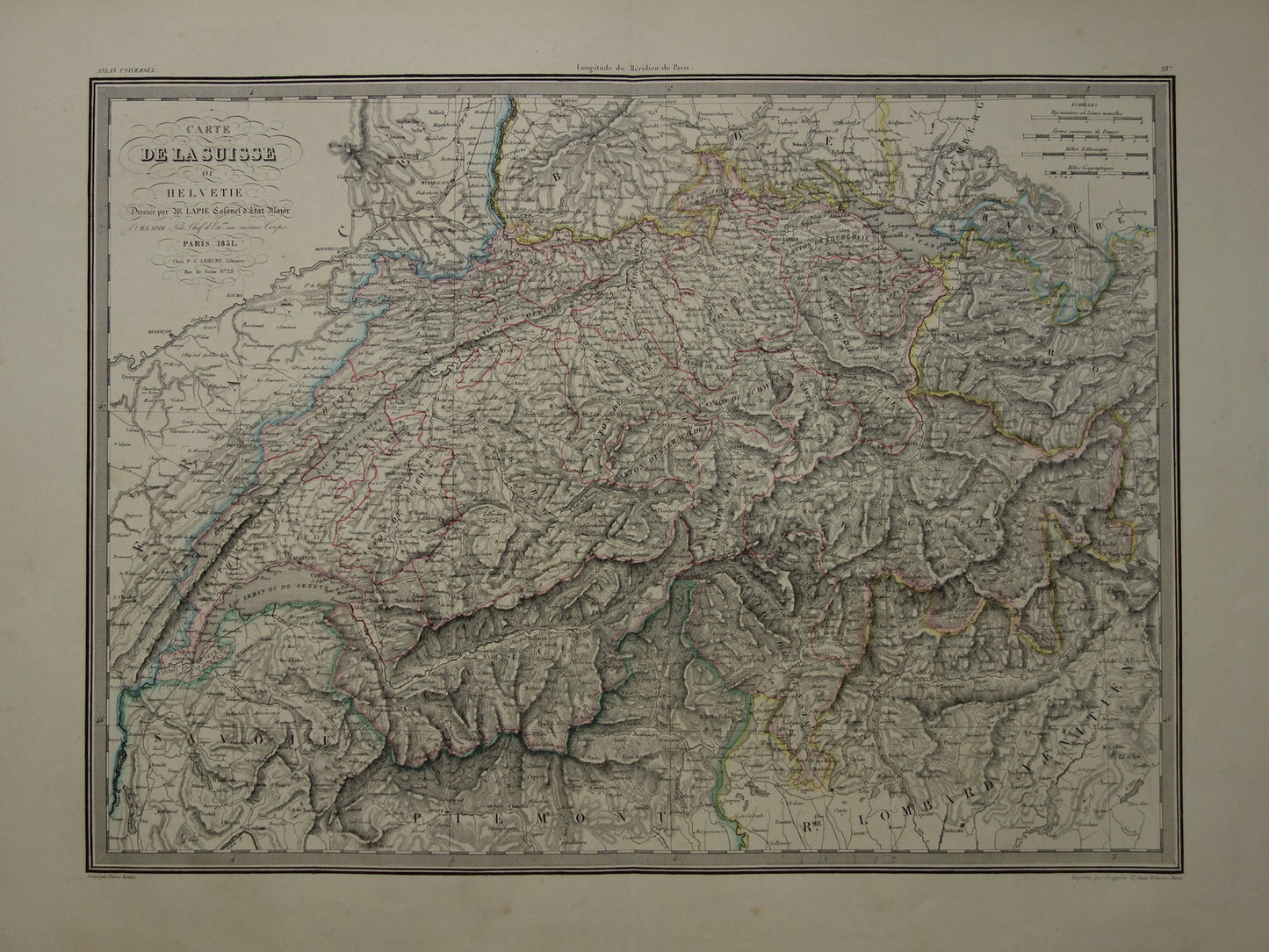SWITZERLAND Large old map from 1851 original antique French map with date