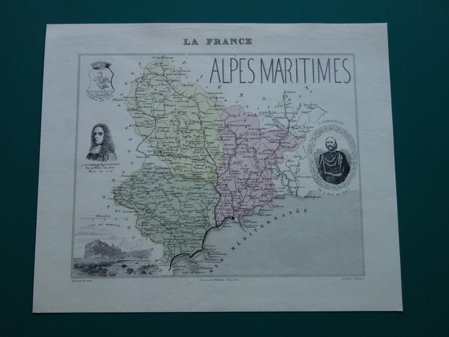 Oude kaart van Alpes Maritimes uit 1870 originele antieke landkaart Nice Monaco departement Frankrijk