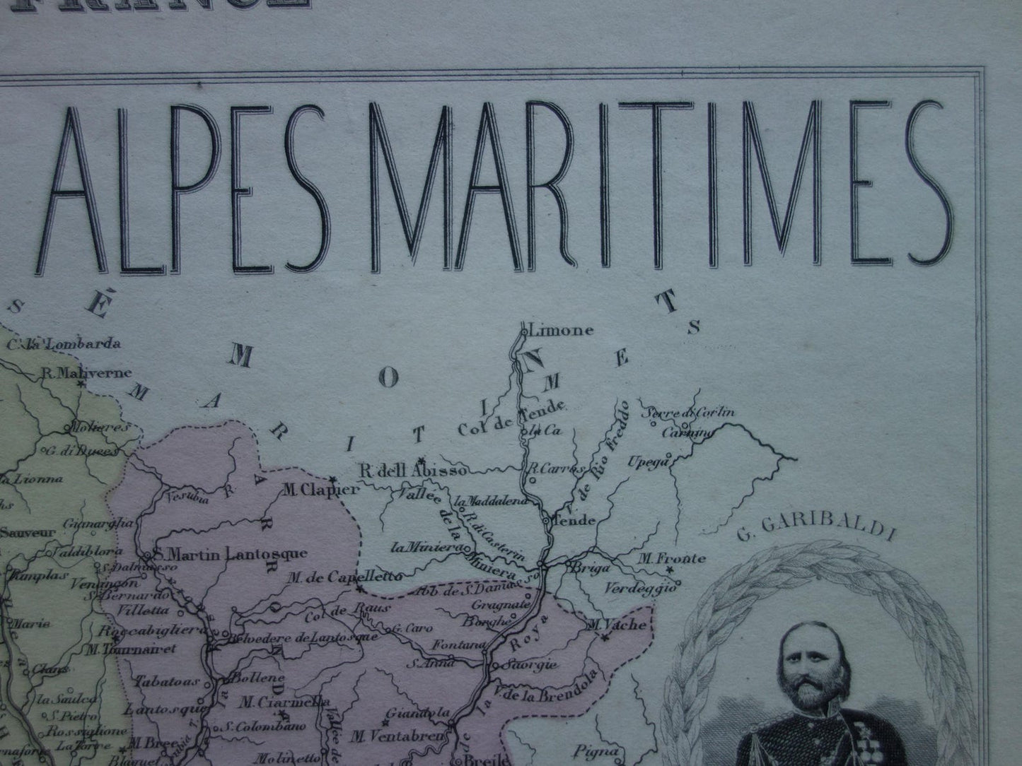 Oude kaart van Alpes Maritimes uit 1870 originele antieke landkaart Nice Monaco departement Frankrijk