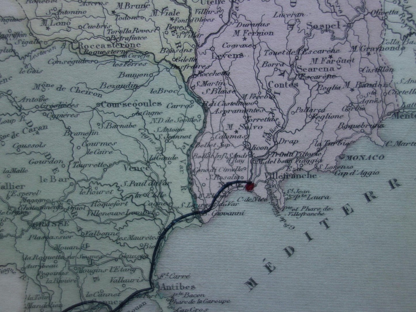 Oude kaart van Alpes Maritimes uit 1870 originele antieke landkaart Nice Monaco departement Frankrijk