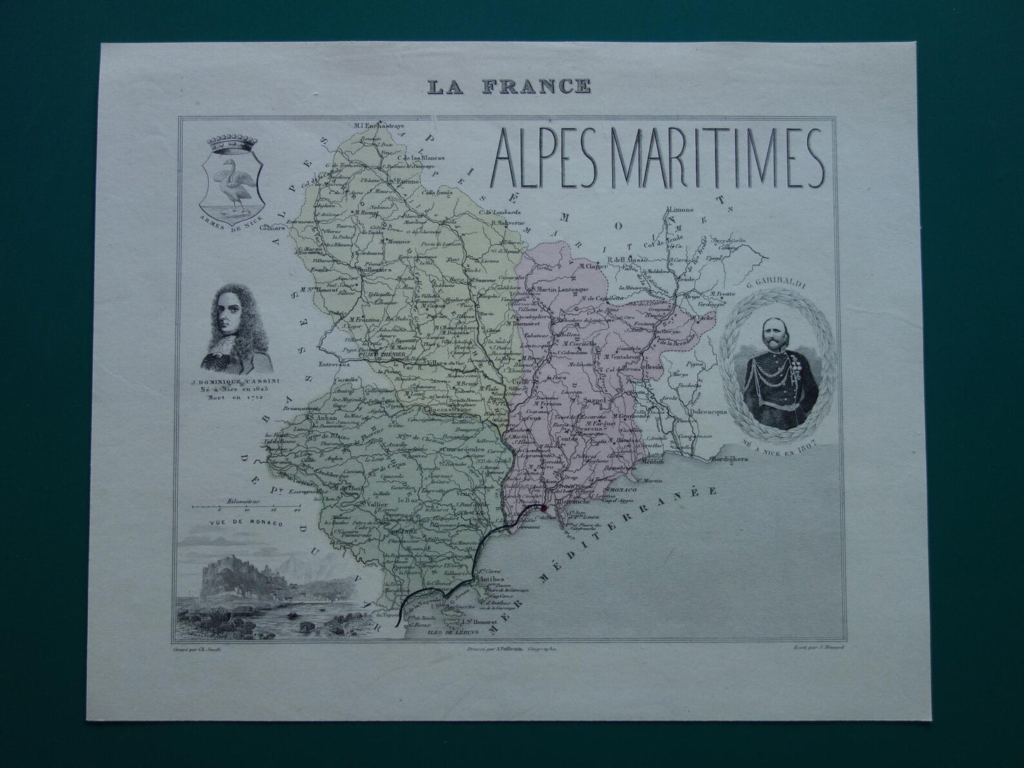 Oude kaart van Alpes Maritimes uit 1870 originele antieke landkaart Nice Monaco departement Frankrijk