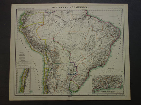 Old map of Brazil from 1874 Original antique hand-colored map with date