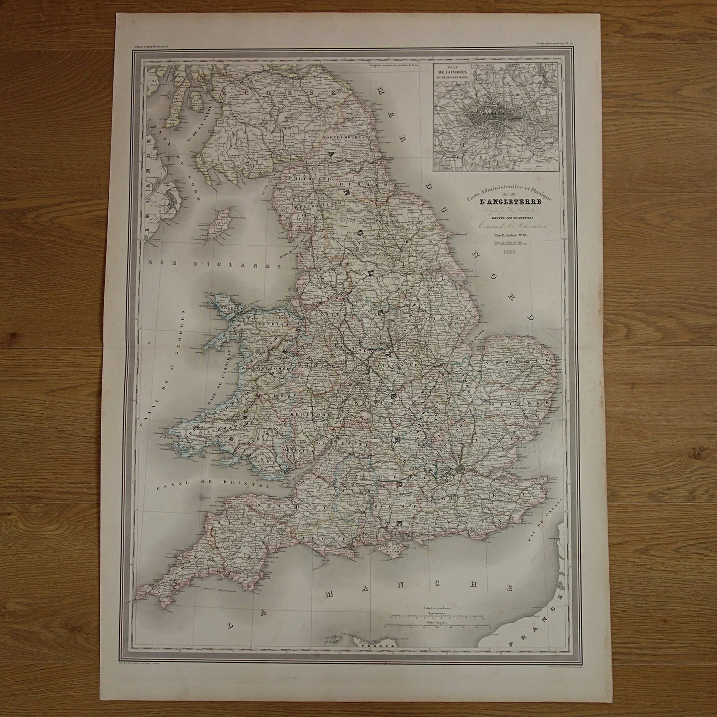 ENGELAND grote oude kaart van Engeland en Wales 1863 originele antieke landkaart London vintage poster