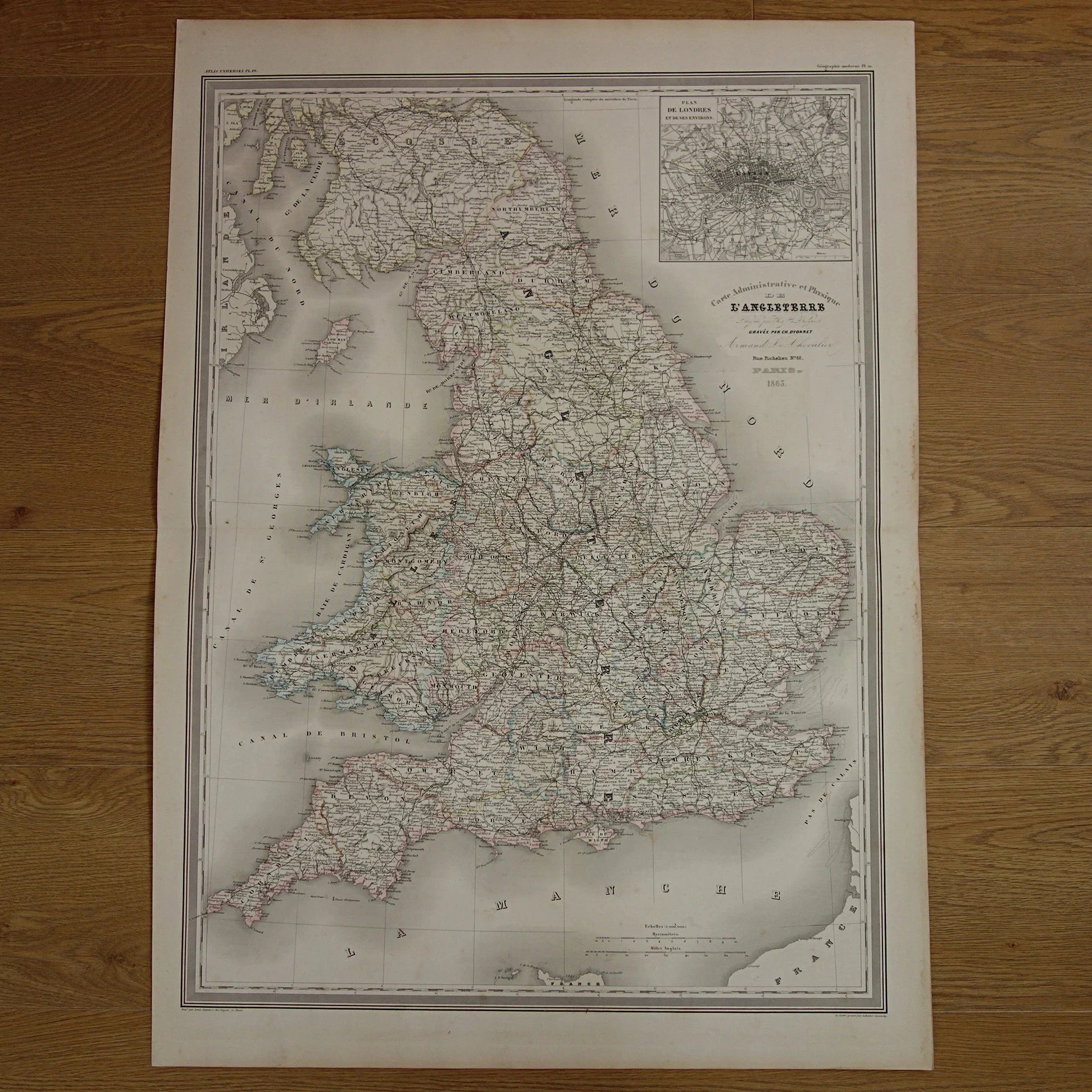 ENGELAND grote oude kaart van Engeland en Wales 1863 originele antieke landkaart London vintage poster