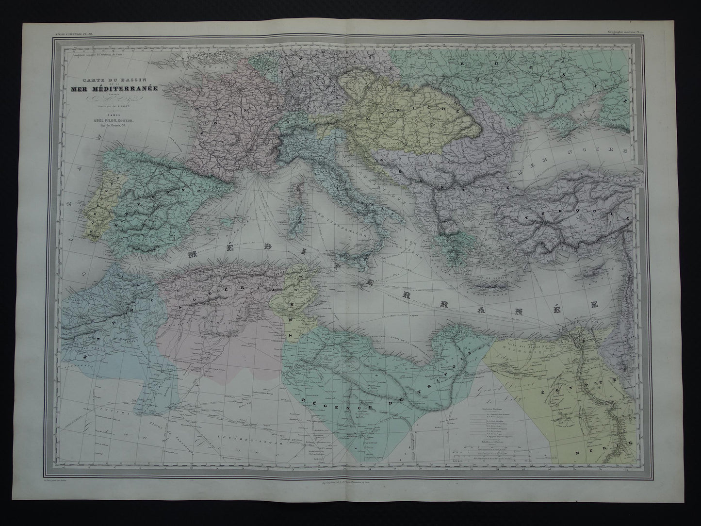 MEDITERRANEAN SEA Large old map of Mediterranean Sea area from 1880 original antique hand-colored map