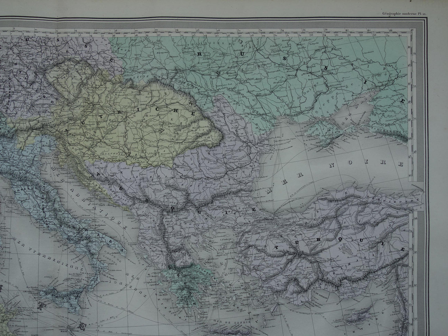 MEDITERRANEAN SEA Large old map of Mediterranean Sea area from 1880 original antique hand-colored map