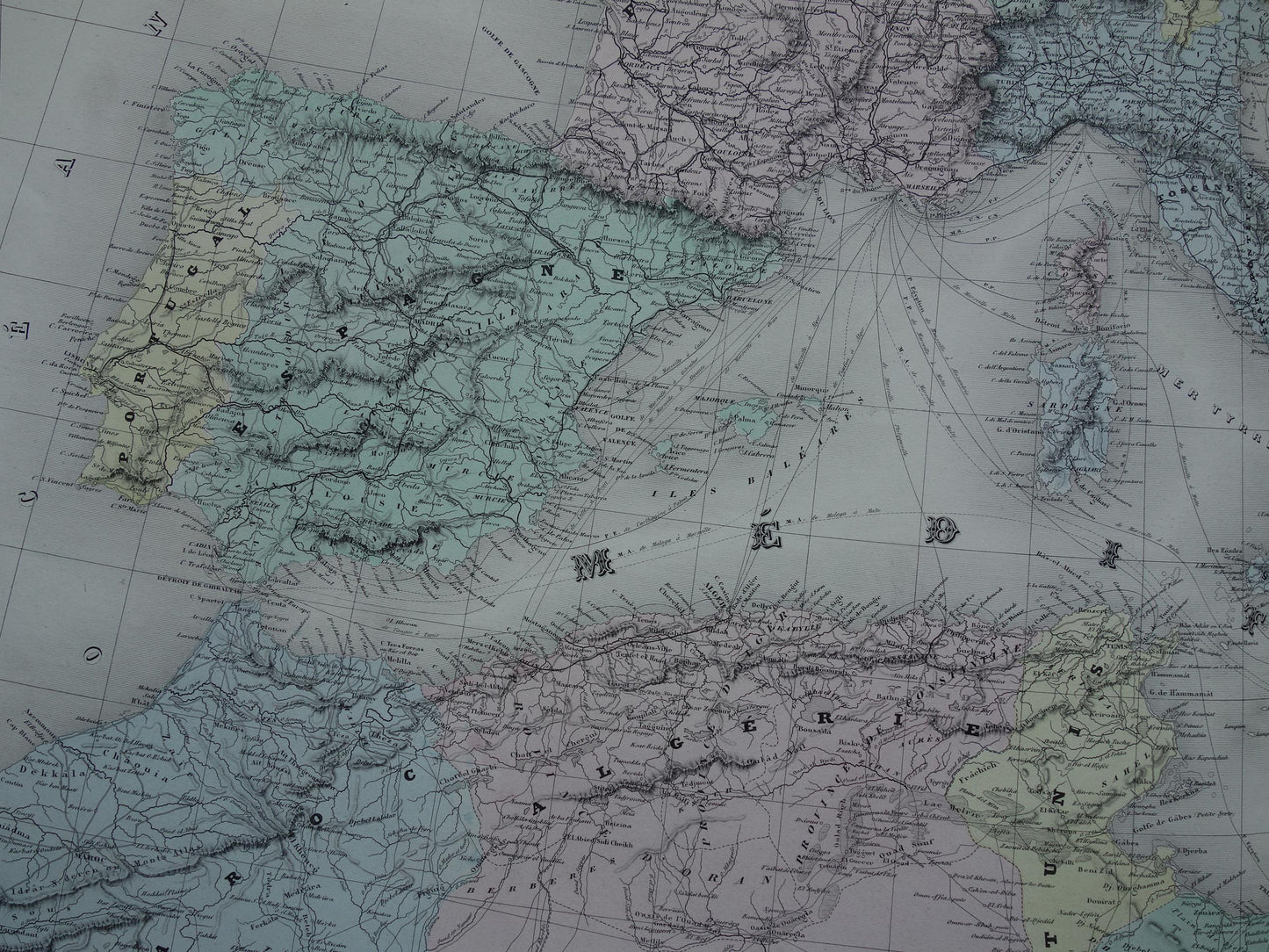MEDITERRANEAN SEA Large old map of Mediterranean Sea area from 1880 original antique hand-colored map