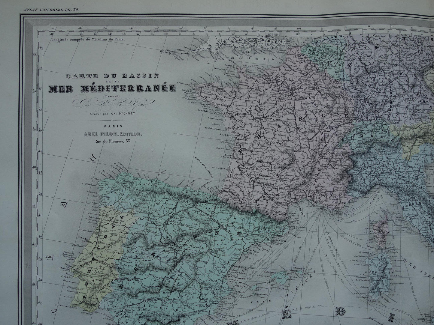 MEDITERRANEAN SEA Large old map of Mediterranean Sea area from 1880 original antique hand-colored map
