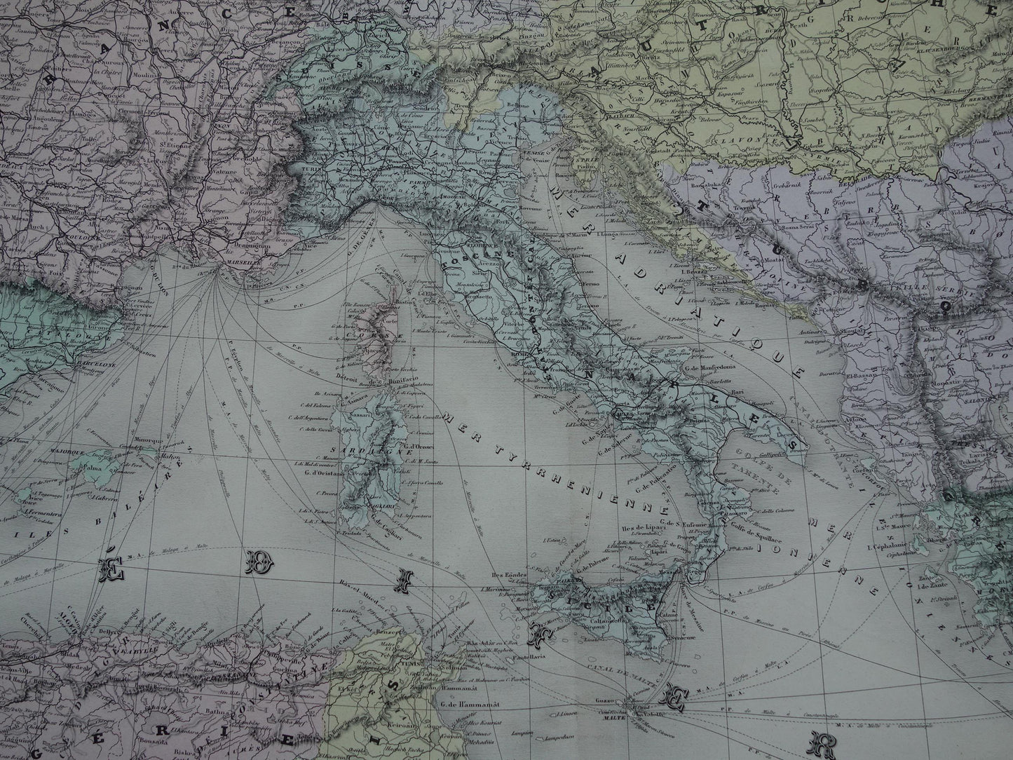 MEDITERRANEAN SEA Large old map of Mediterranean Sea area from 1880 original antique hand-colored map