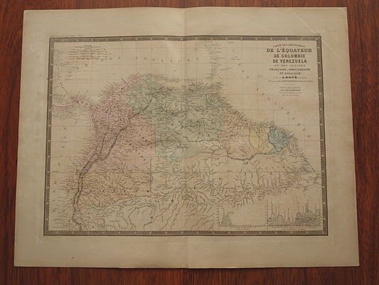 Oude kaart van Colombia Venezuela Suriname uit 1876 Grote originele antieke landkaart van de Ecuador Amazone rivier Brazilië