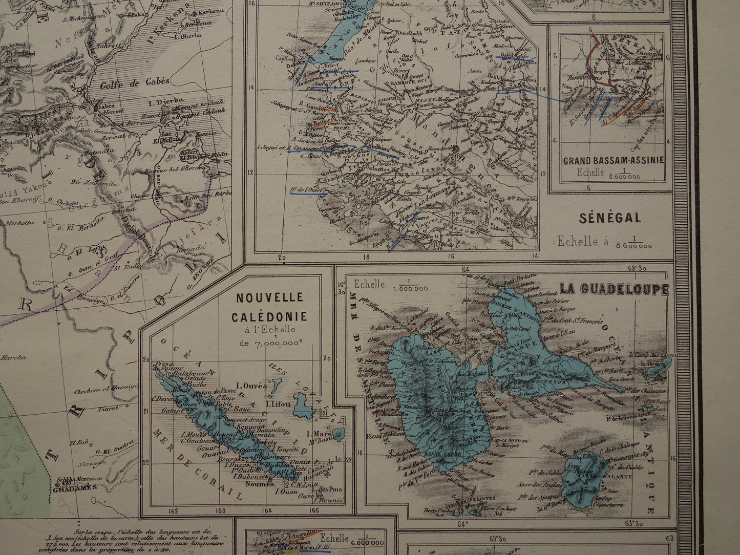 ALGERIEN Alte Karte von Algerien und allen französischen Kolonien aus dem Jahr 1876 Antikes großes Kartenposter Frankreich