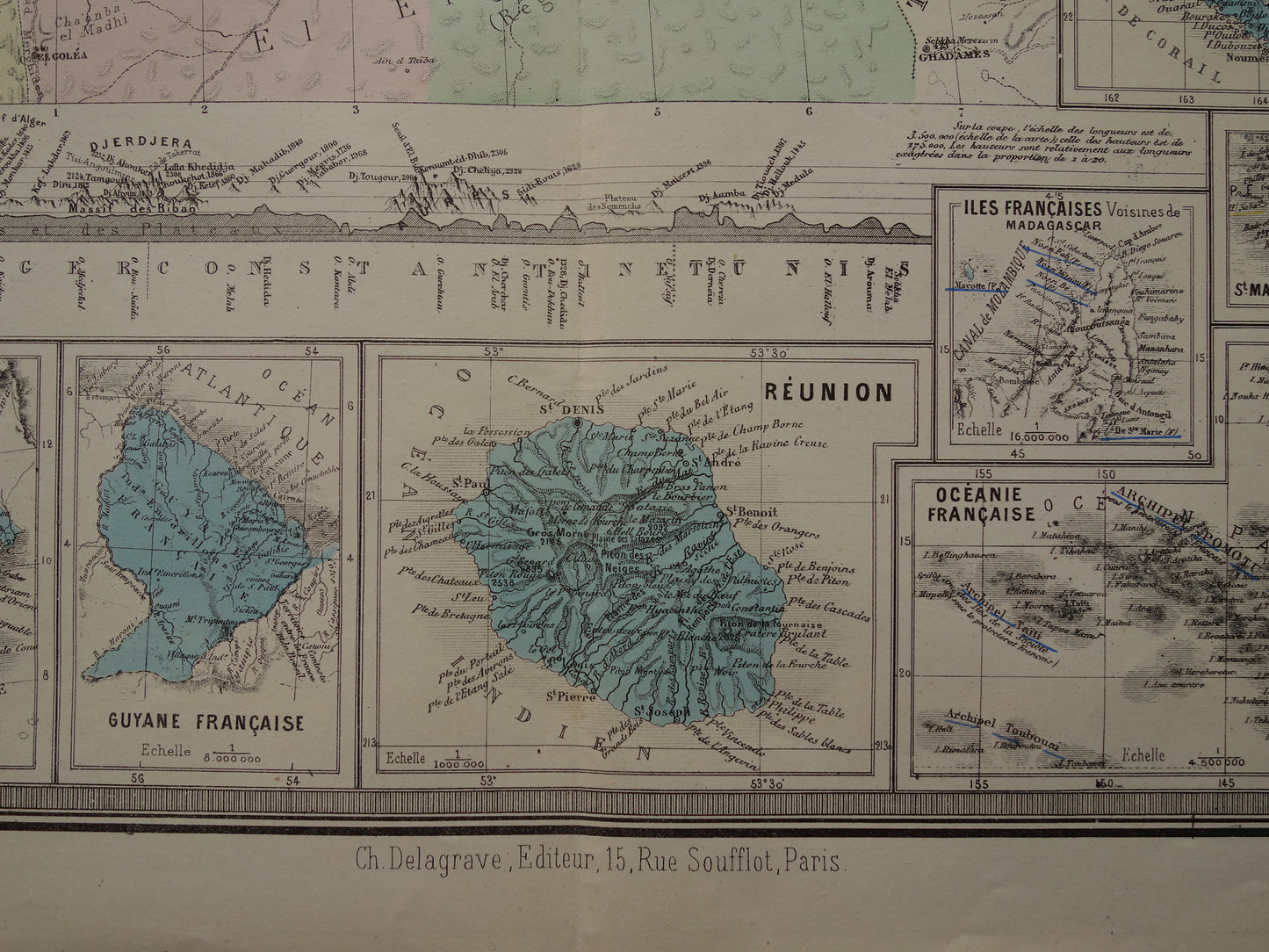 ALGERIEN Alte Karte von Algerien und allen französischen Kolonien aus dem Jahr 1876 Antikes großes Kartenposter Frankreich