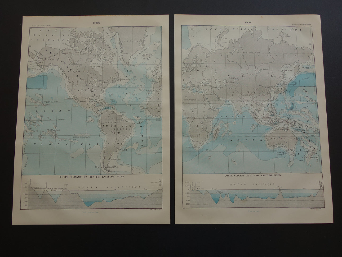 Oude wereldkaart van Oceanen 1902 originele antieke kaart / zeekaart zeediepte
