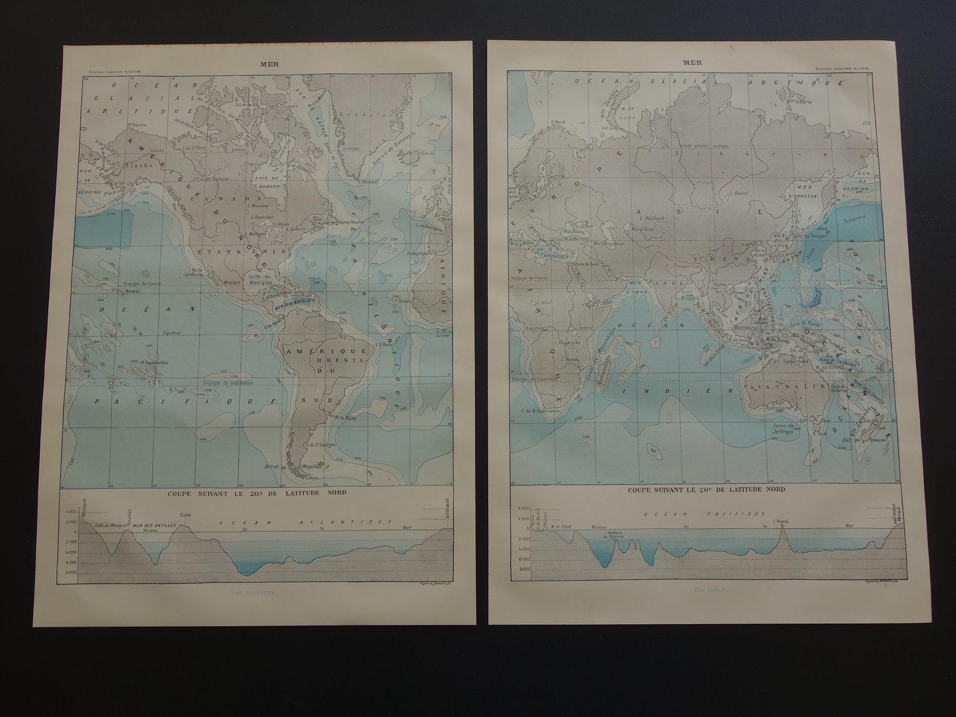 Oude wereldkaart van Oceanen 1902 originele antieke kaart / zeekaart zeediepte