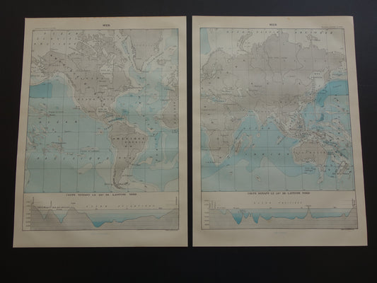Oude wereldkaart van Oceanen 1902 originele antieke kaart / zeekaart zeediepte