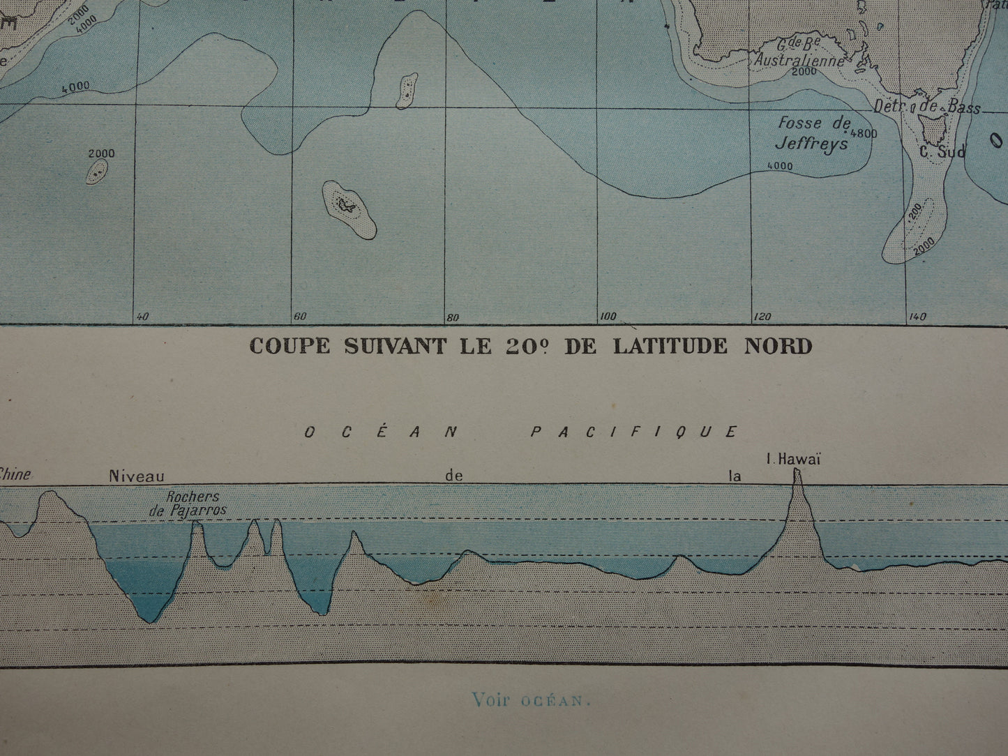 Old world map of Oceans 1902 original antique map / sea chart sea depth