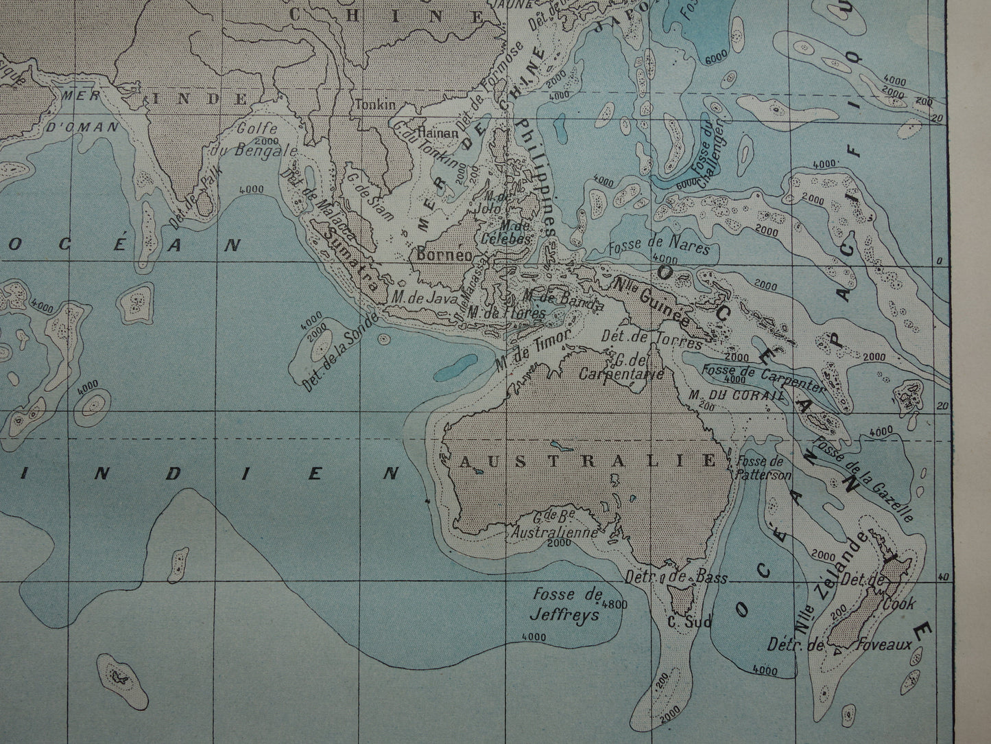 Old world map of Oceans 1902 original antique map / sea chart sea depth