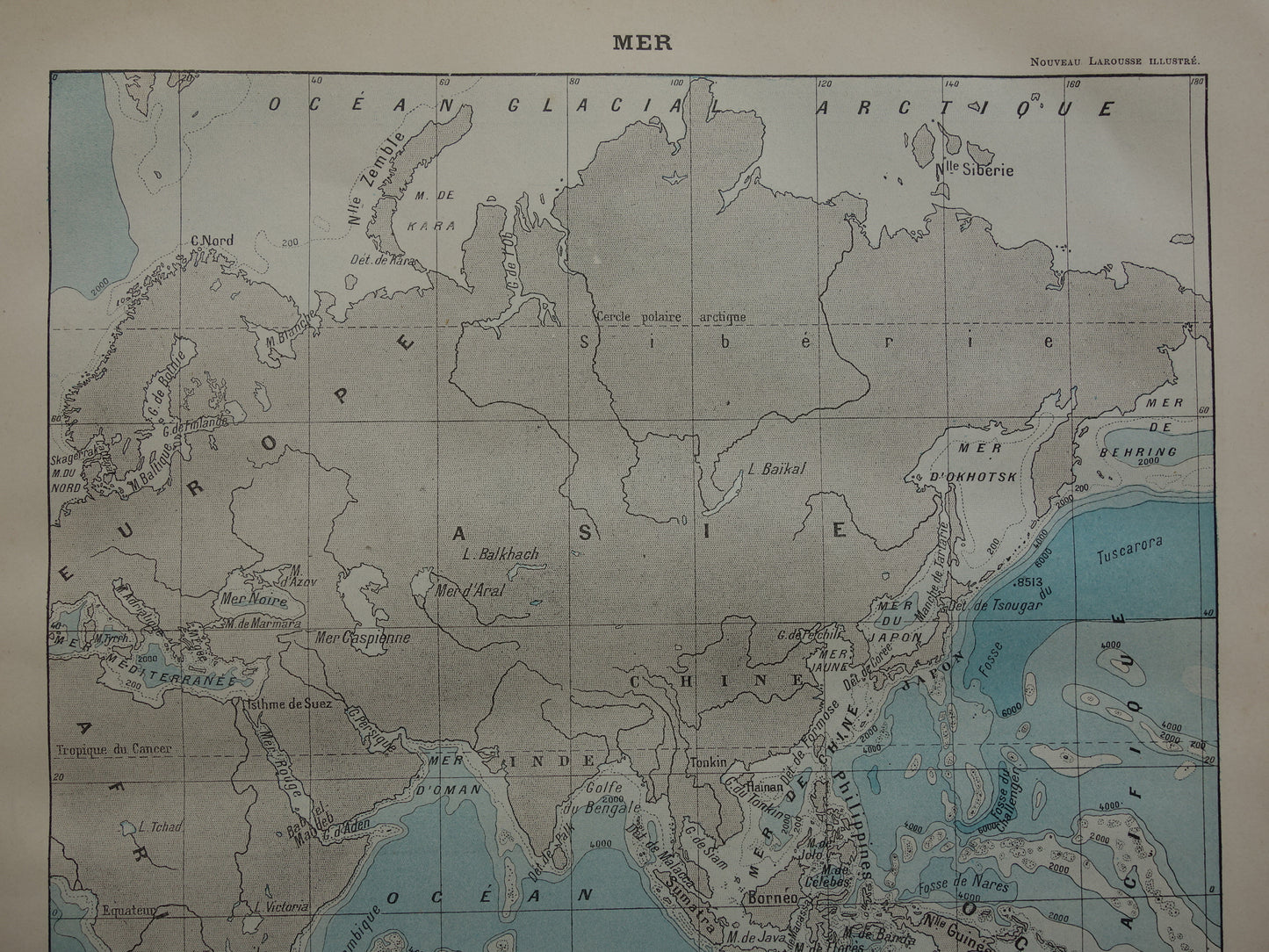 Old world map of Oceans 1902 original antique map / sea chart sea depth