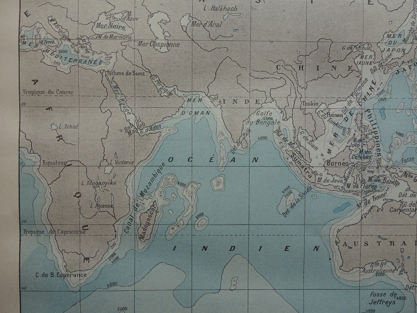 Old world map of Oceans 1902 original antique map / sea chart sea depth