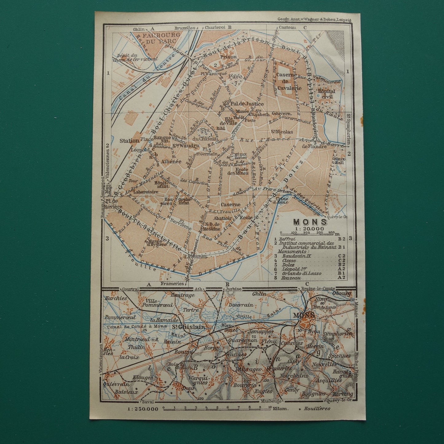 MONS oude kaart van Bergen België uit 1914 kleine originele antieke plattegrond landkaart Mons / Bergen