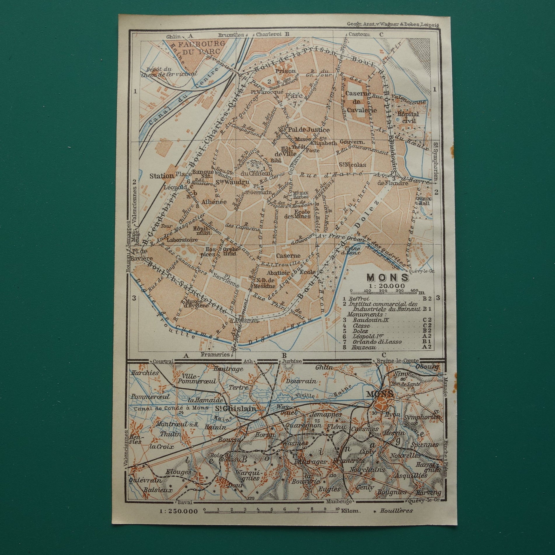 MONS oude kaart van Bergen België uit 1914 kleine originele antieke plattegrond landkaart Mons / Bergen