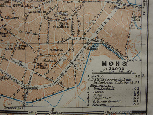MONS old map of Bergen Belgium from 1914 small original antique map map Mons / Bergen