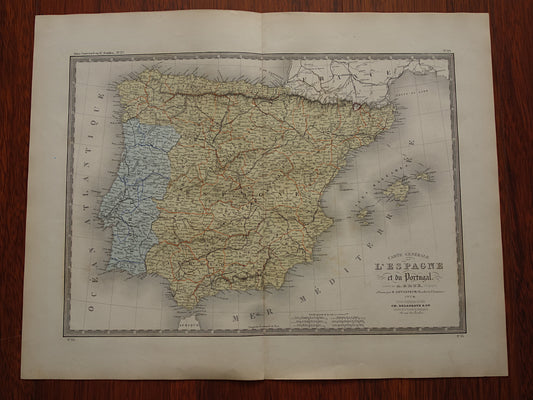Oude kaart van Spanje en Portugal uit 1874 originele grote antieke landkaart Madrid Barcelona Lissabon vintage poster