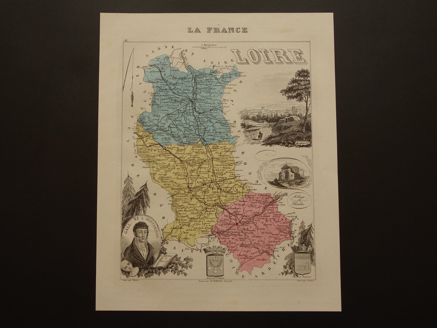 Old map of Loire department in France from 1876 original antique hand colored map St Etienne Montbrison
