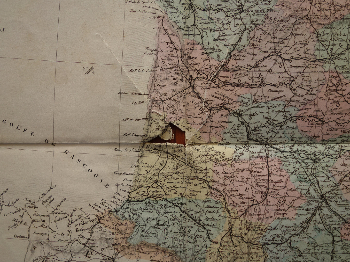 Large old French map of France WITH DAMAGE from 1876 original antique hand colored map poster