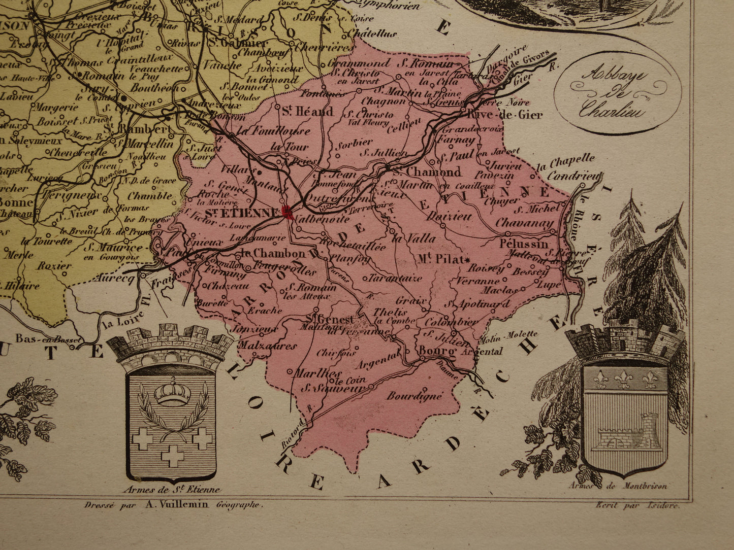Old map of Loire department in France from 1876 original antique hand colored map St Etienne Montbrison