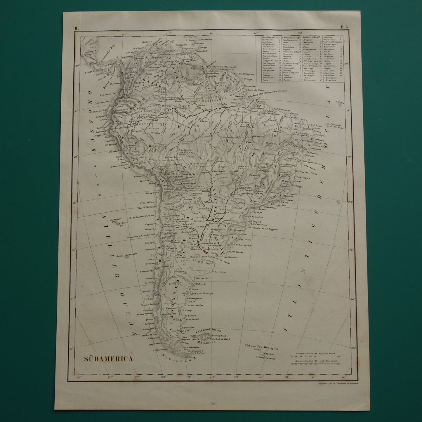 ZUID AMERIKA antieke kaart 170+ jaar oude landkaart van continent uit 1849 - originele vintage historische kaarten Brazilië Patagonië Suriname