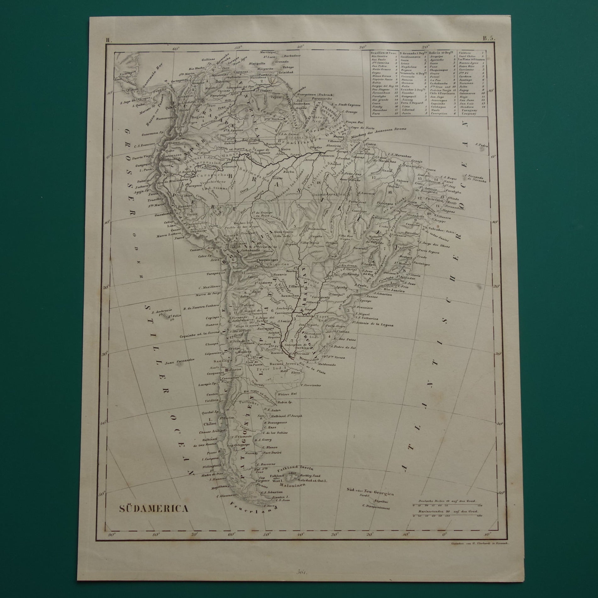 ZUID AMERIKA antieke kaart 170+ jaar oude landkaart van continent uit 1849 - originele vintage historische kaarten Brazilië Patagonië Suriname