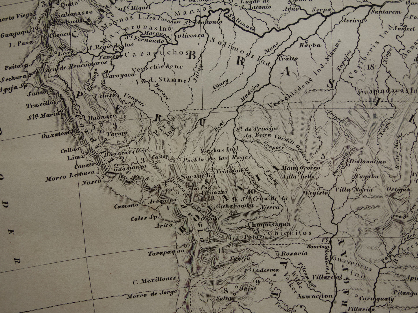 SOUTH AMERICA antique map 170+ year old map of continent from 1849 - original vintage historical maps Brazil Patagonia Suriname