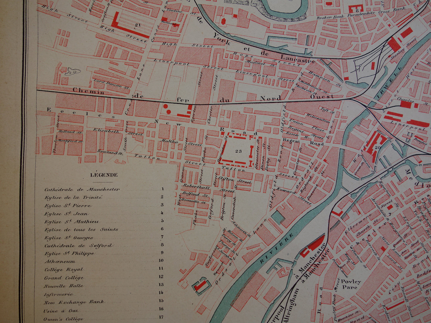 Manchester old map of Manchester Salford from 1877 original antique plan vintage maps