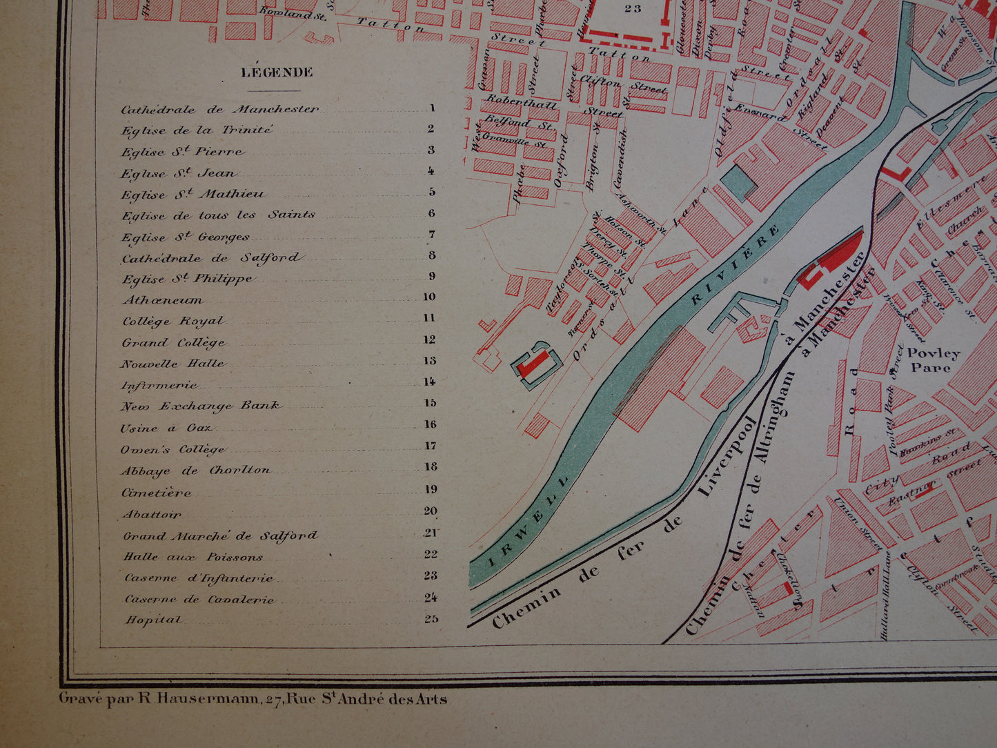 Manchester old map of Manchester Salford from 1877 original antique plan vintage maps