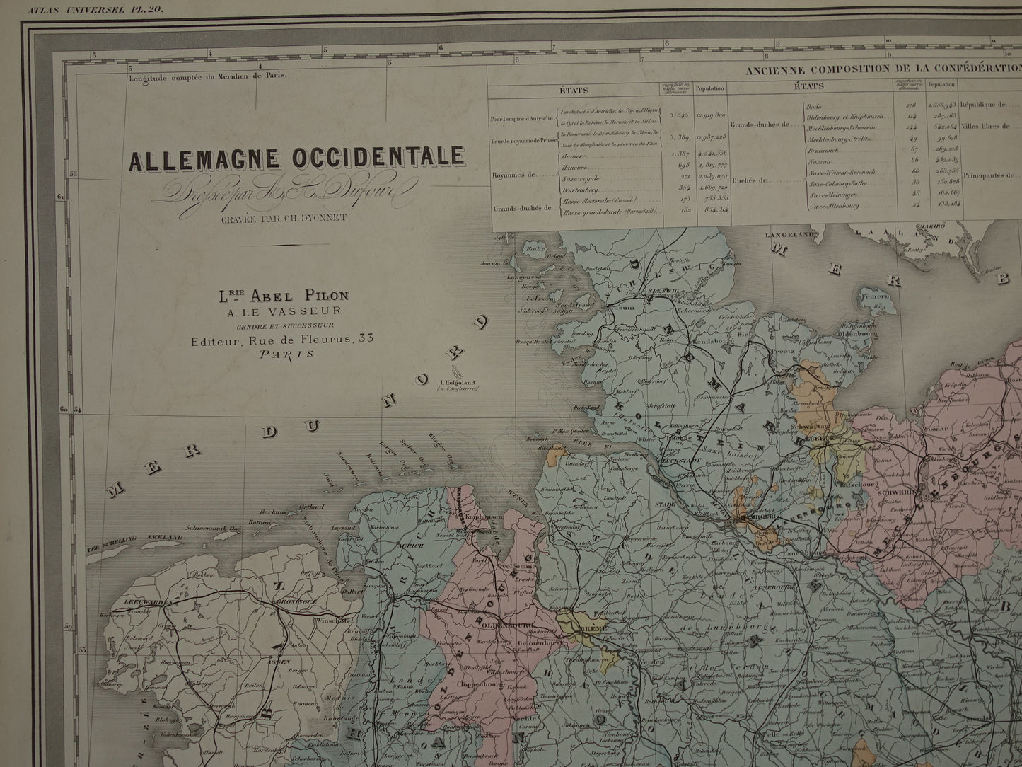 Oude kaart van DUITSLAND Grote landkaart uit 1880 originele antieke handgekleurde kaarten